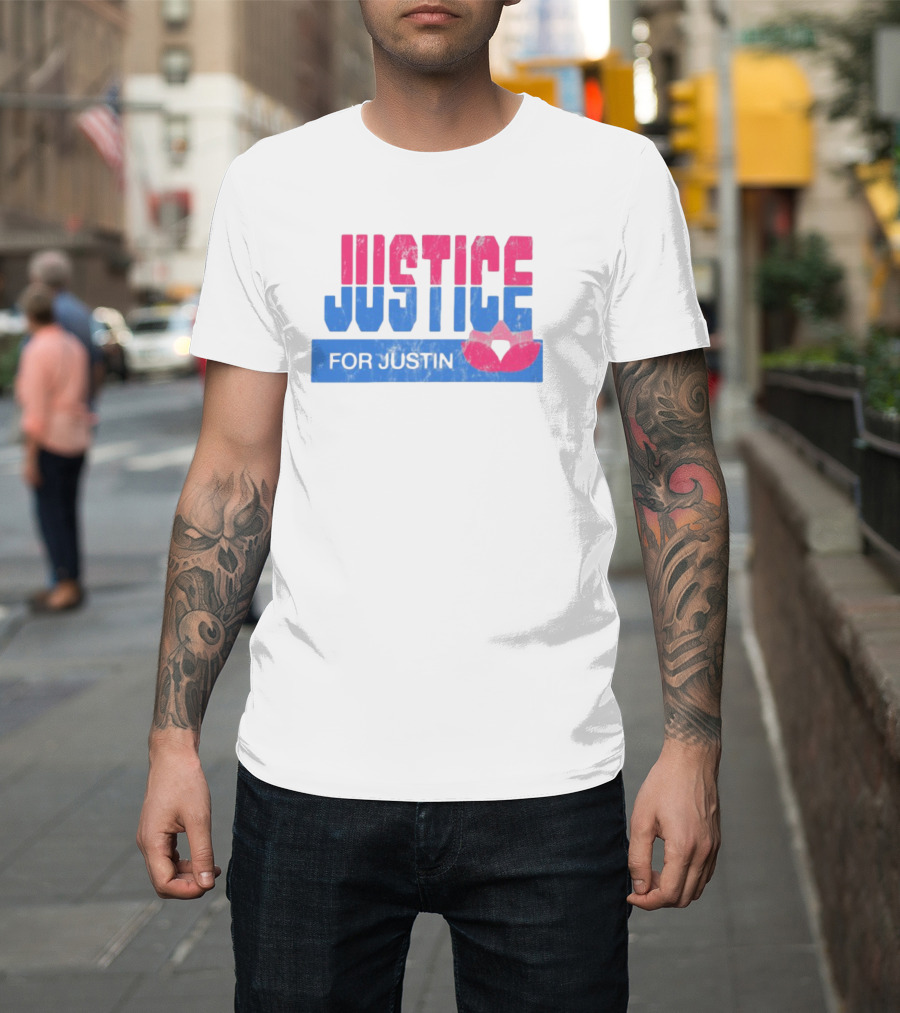 Justice For Justin LGBTQ Pride Pink And Blue Bold Text With Heart Symbol T-Shirt