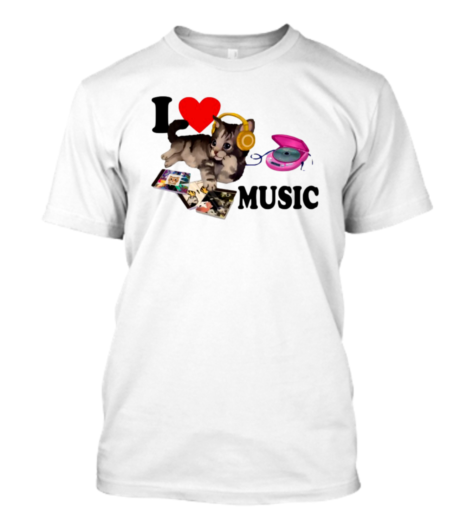 I Love Music Cat Headphones Portable CD Player Cute Cat Photos T-Shirt