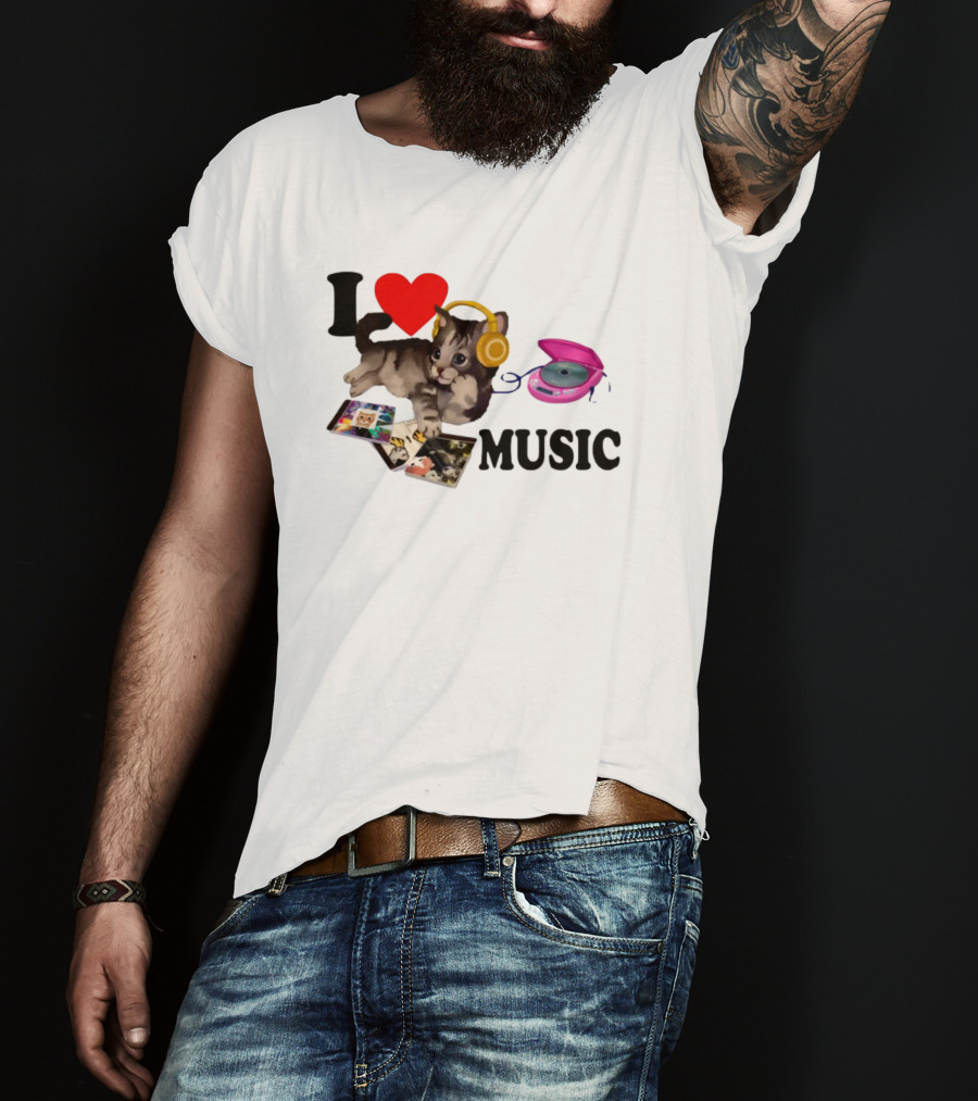 I Love Music Cat Headphones Portable CD Player Cute Cat Photos T-Shirt
