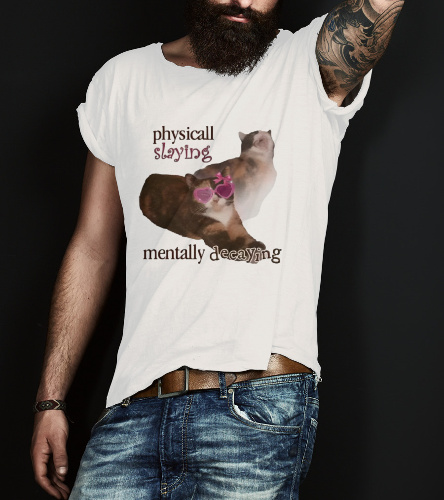 ```Snazzyseagull Physically Slaying Mentally Decaying Cat With Pink Heart Sunglasses``` T-Shirt