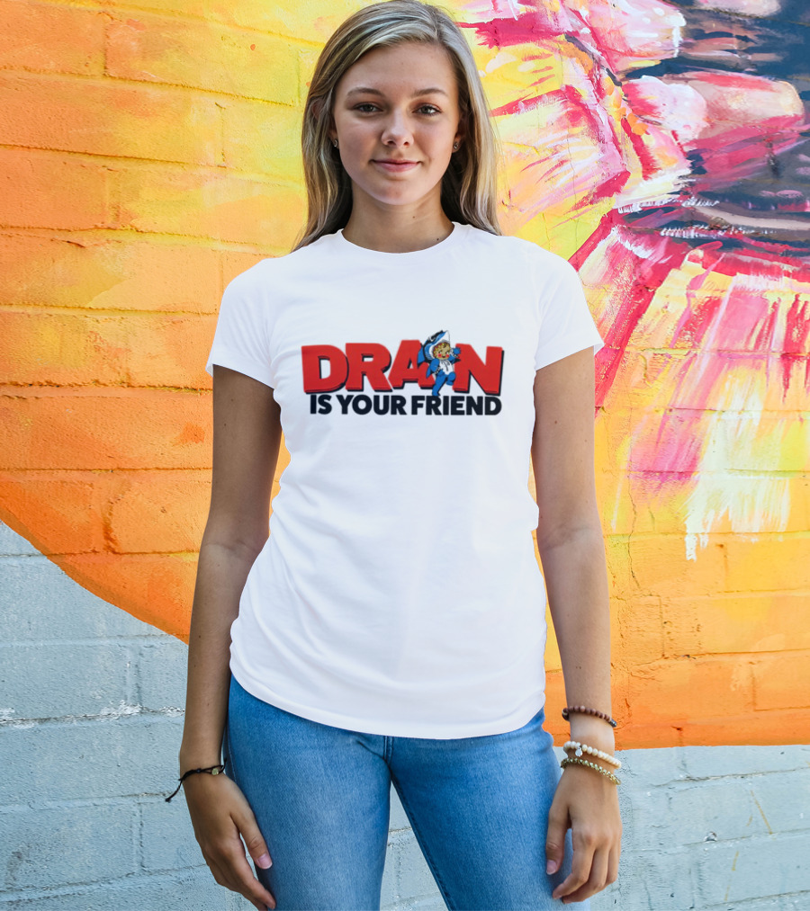 Drain Kewpie Friend In Red Block Letters With Cartoon Character T-Shirt