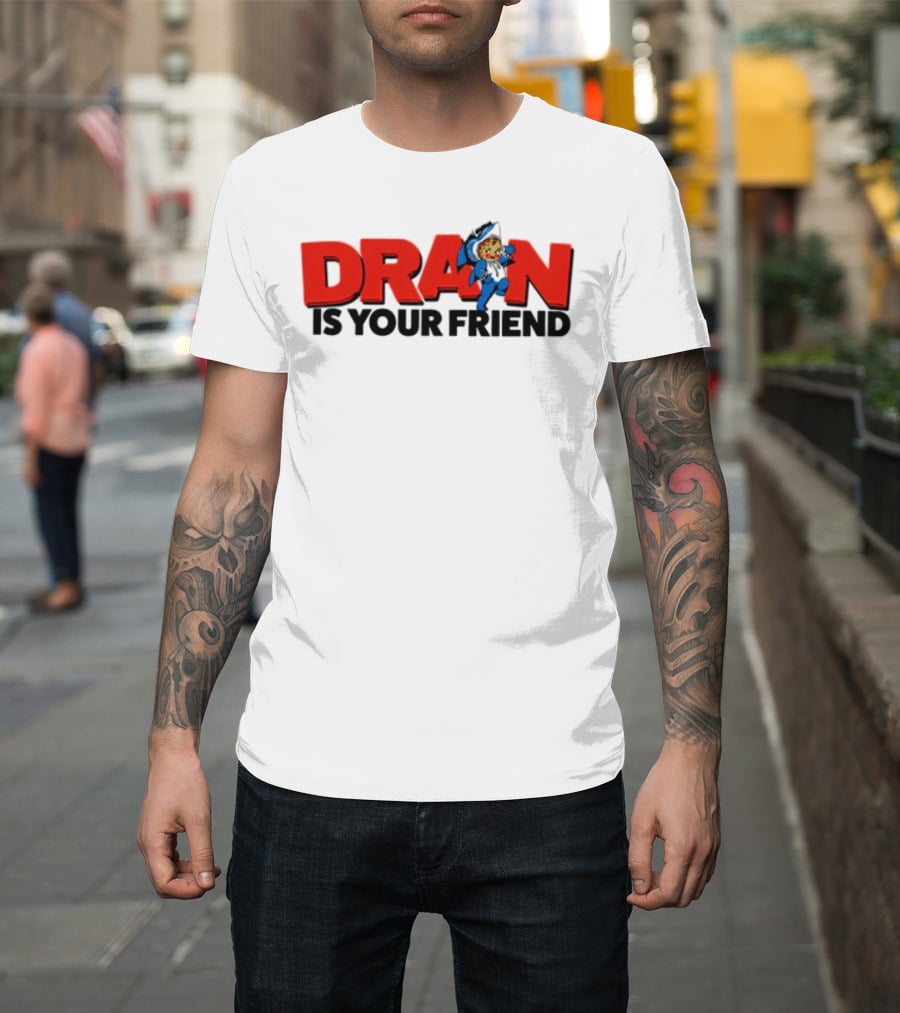 Drain Kewpie Friend In Red Block Letters With Cartoon Character T-Shirt