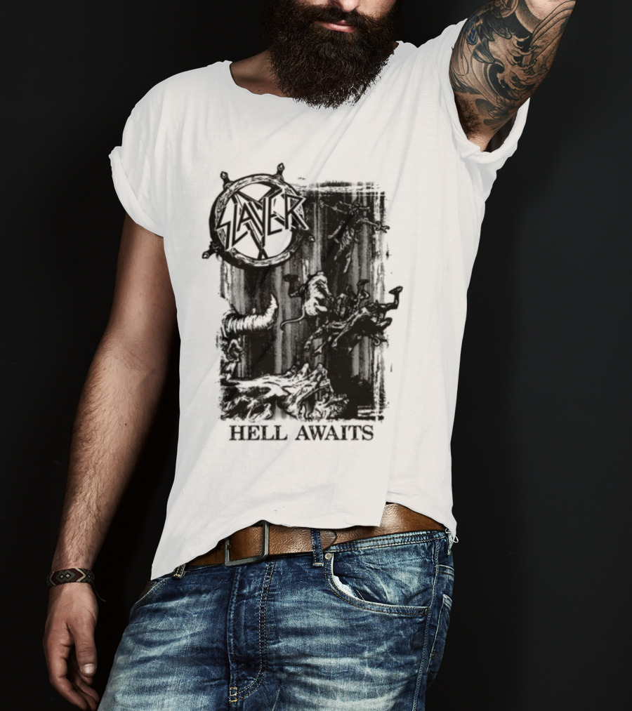 Monochrome Slayer Hell Awaits Acid Iconic Band Art T-Shirt