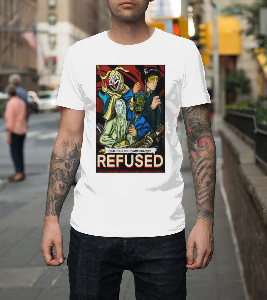 Refused Final Tour South America 2025 Teatro Coliseo Santiago Chile 3 de Noviembre Masked Band Illustration T-Shirt