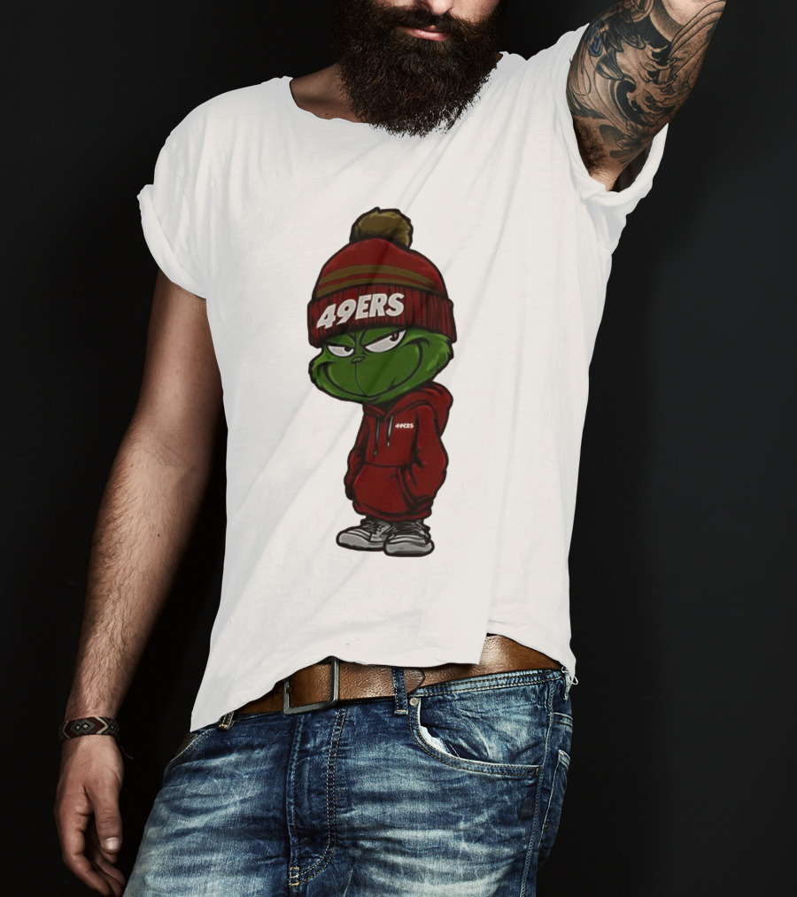 Grinch Wearing 49ers Beanie And San Francisco Football Crossover T-Shirt