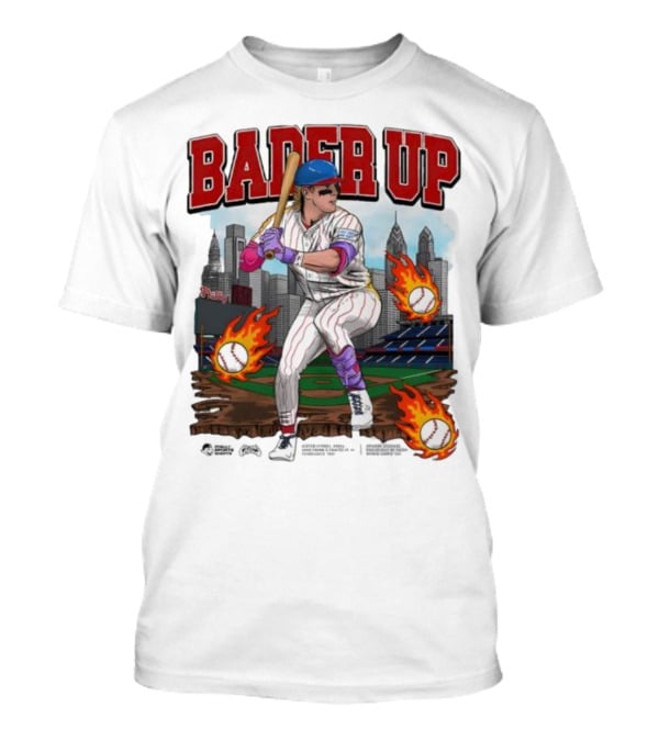 Bader Up Baseball Player Philadelphia Skyline And Flaming Baseballs T-Shirt