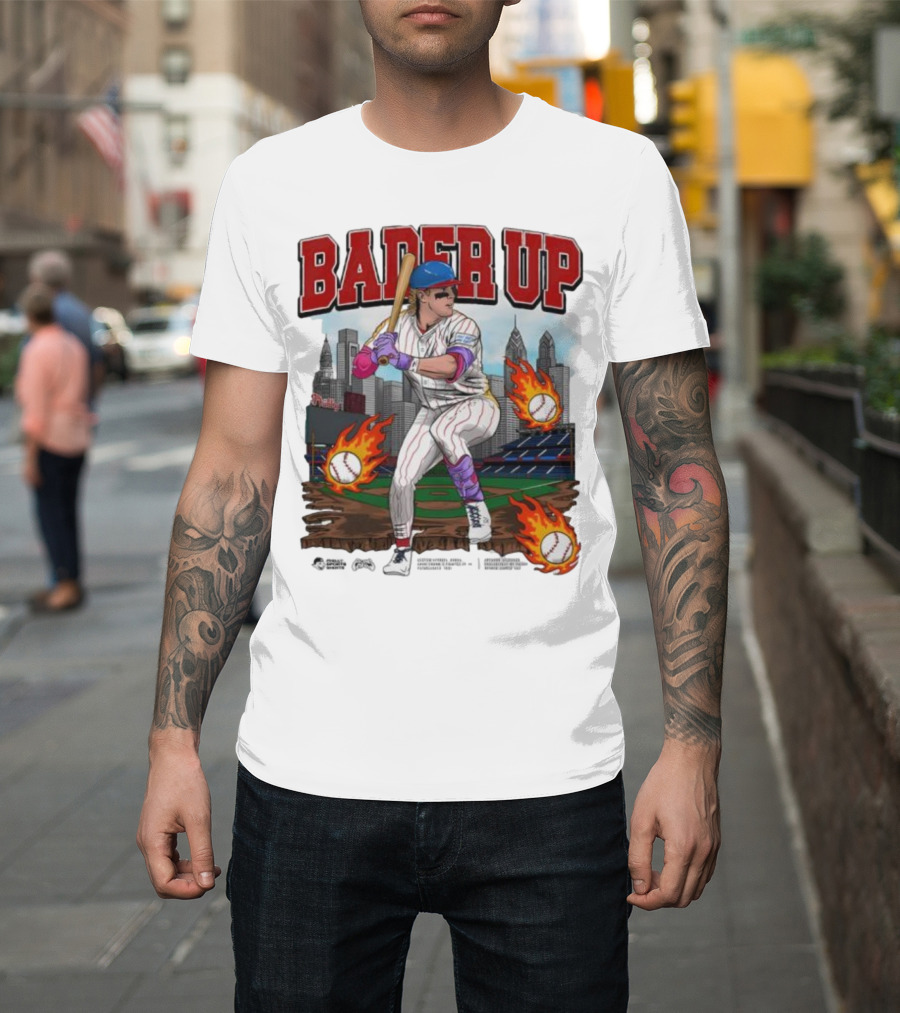 Bader Up Baseball Player Philadelphia Skyline And Flaming Baseballs T-Shirt