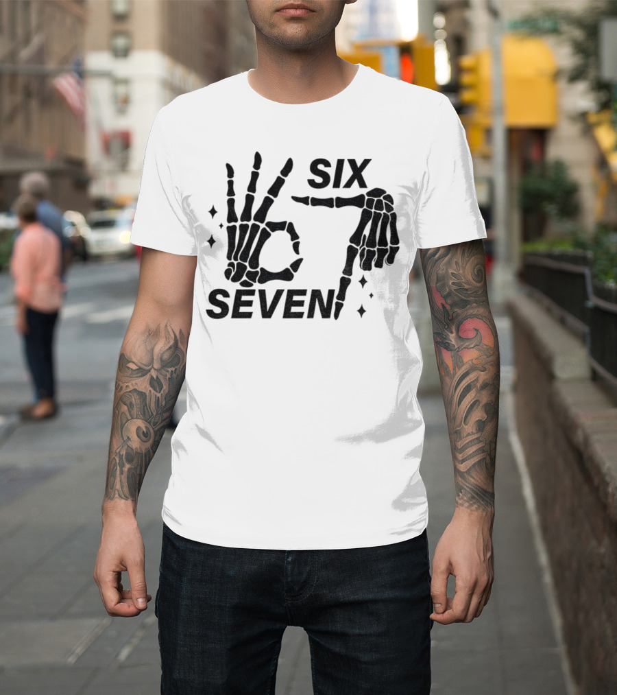 Six Seven Meme Skeleton Hands Funny Halloween T-Shirt
