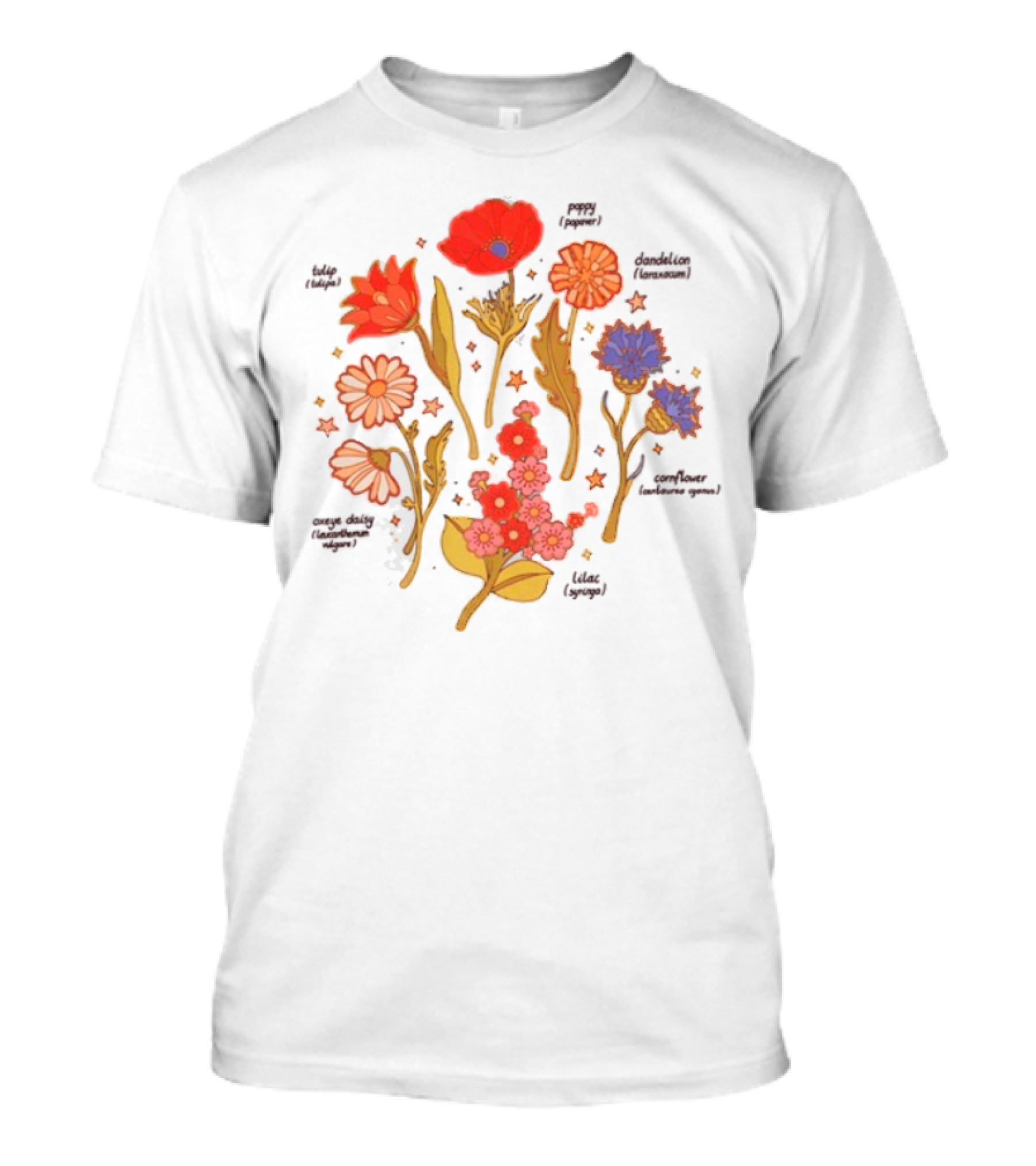 Botanical Revival Tulip Poppy Daisy Cosmos Lavender Floral Arrangement T-Shirt