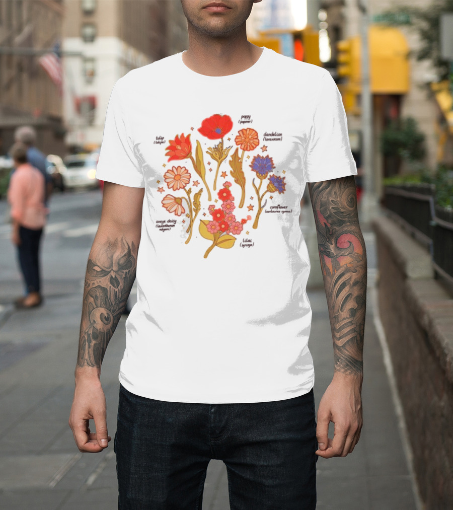 Botanical Revival Tulip Poppy Daisy Cosmos Lavender Floral Arrangement T-Shirt
