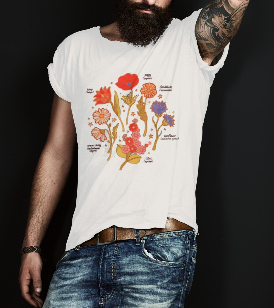 Botanical Revival Tulip Poppy Daisy Cosmos Lavender Floral Arrangement T-Shirt