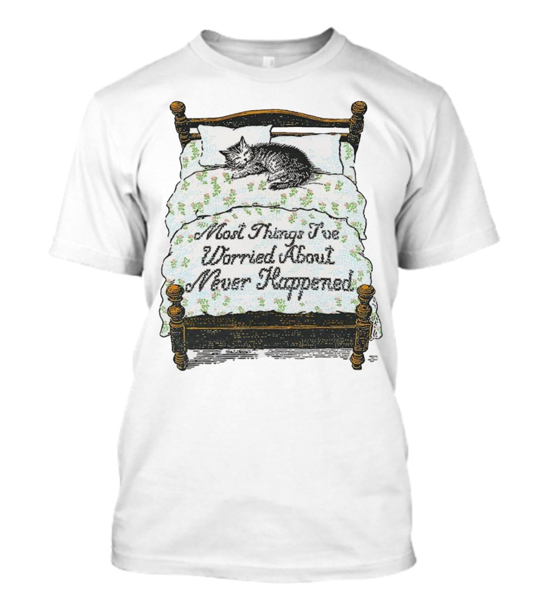 Vintage Cat Sleeps On Bed Most Things I’ve Worried About Never Happened T-Shirt