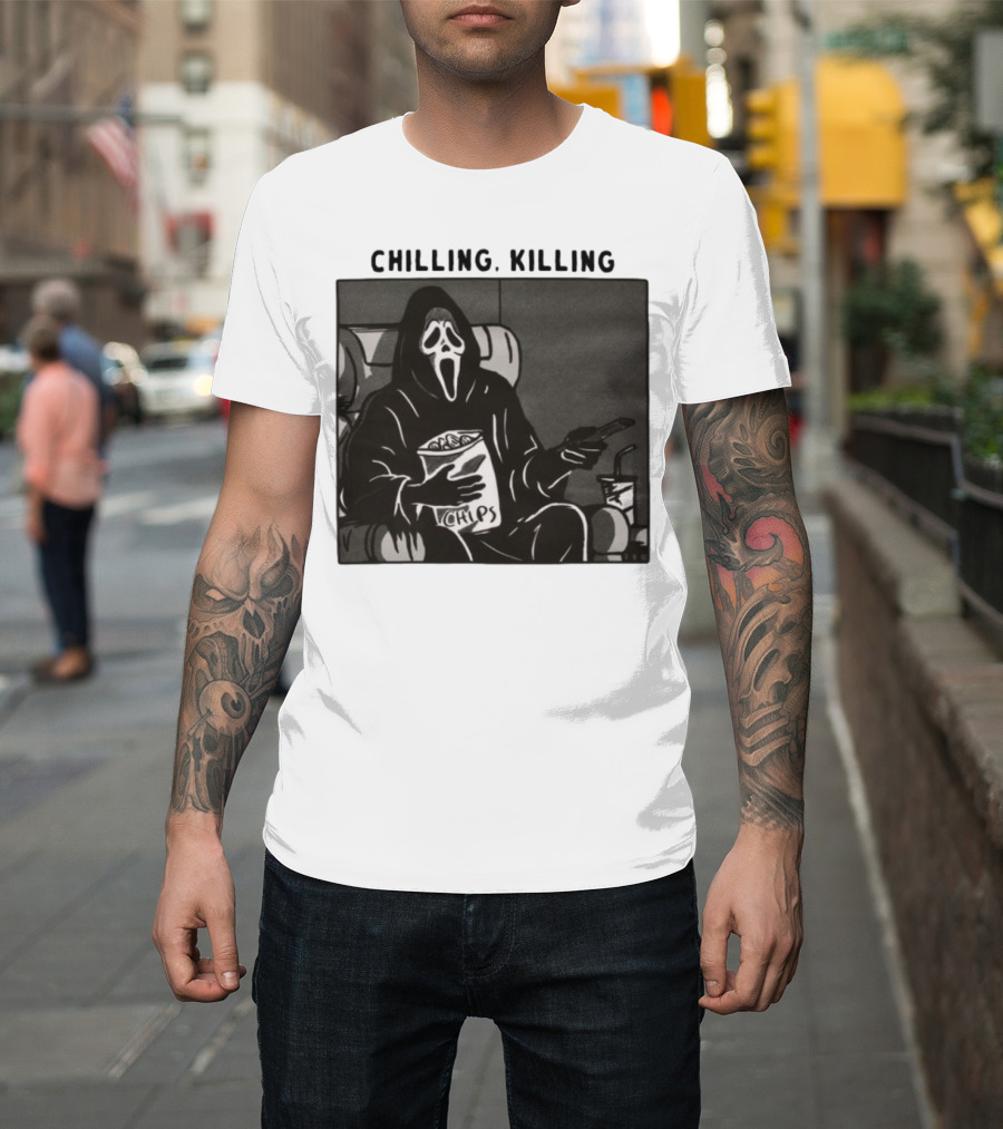 Ghost Face Chips Chilling Killing Movie Night Vibes T-Shirt