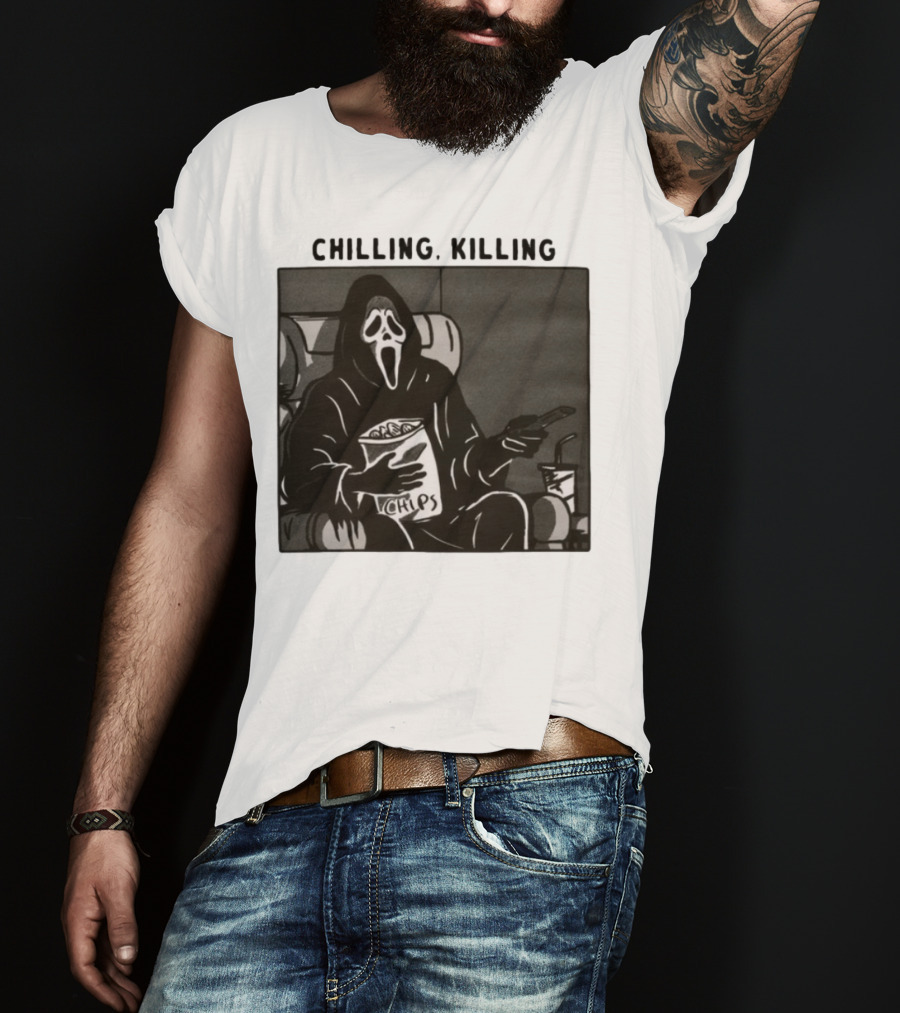 Ghost Face Chips Chilling Killing Movie Night Vibes T-Shirt