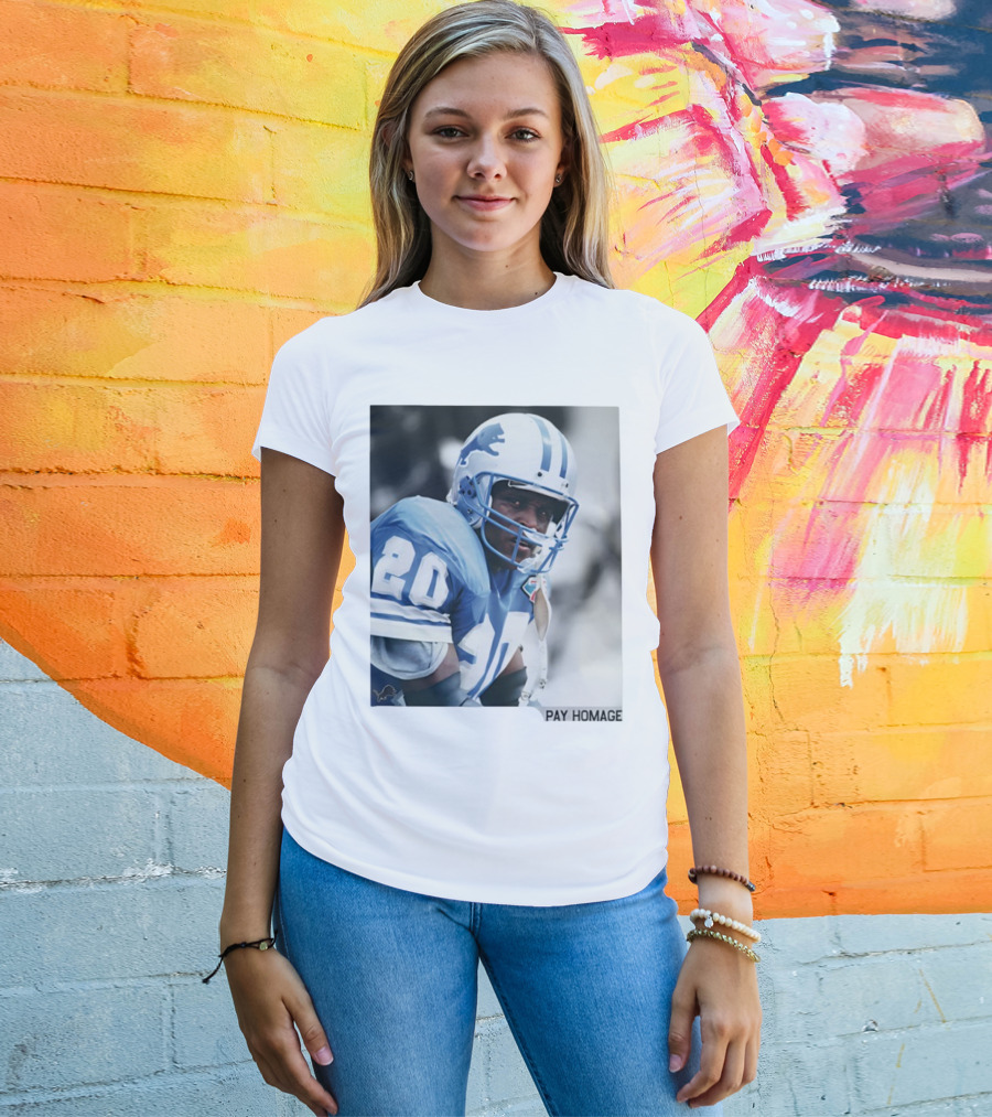 Barry Sanders Detroit Lions Number 20 Pay Homage NFL Player Memorabilia T-Shirt