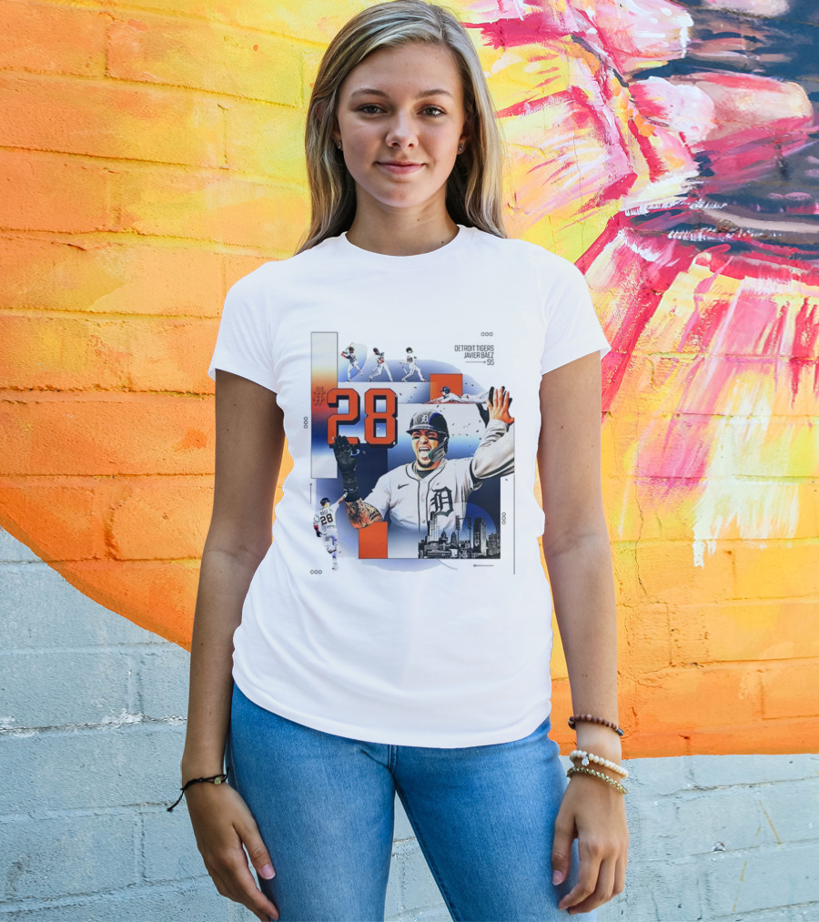 Javier Báez Detroit Tigers Number 28 Baseball Action High Five Urban Skyline T-Shirt