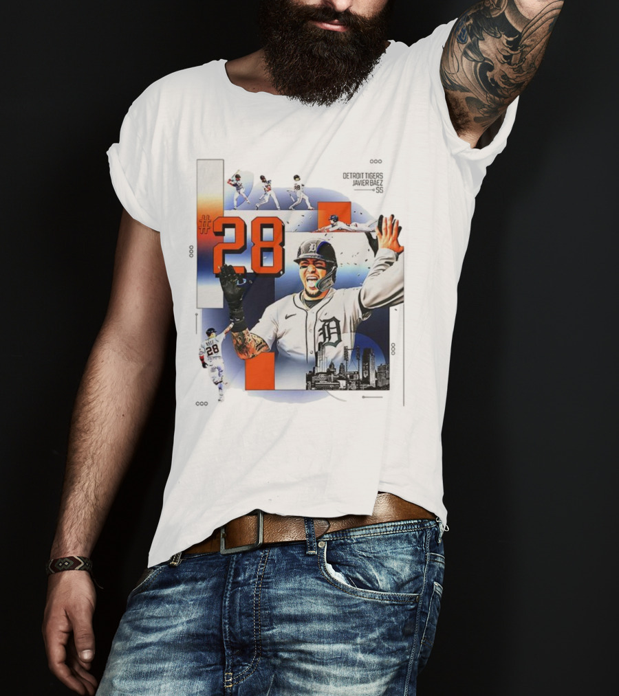 Javier Báez Detroit Tigers Number 28 Baseball Action High Five Urban Skyline T-Shirt