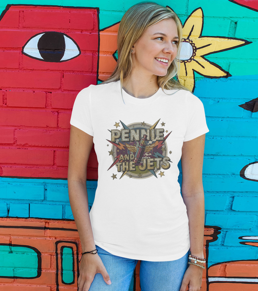Pennie And The Jets Retro Style Music Rocket Winged Stars T-Shirt