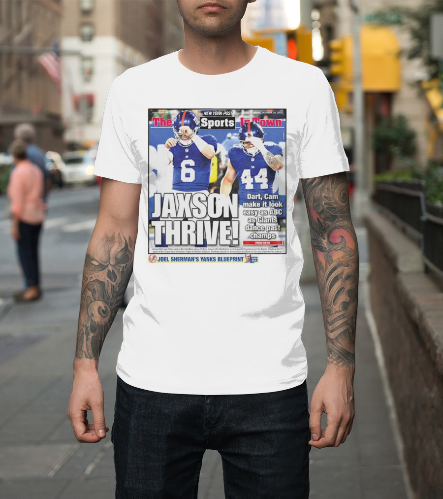 New York Post Jaxson Dart Cam Skattebo Giants Thrive Edition T-Shirt
