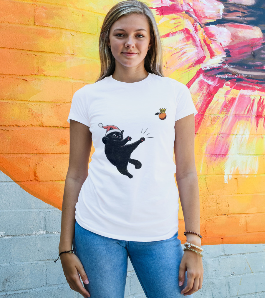 Black Cat Santa Hat Kicking Crowned Orange No Kings Christmas Anti-Trump T-Shirt