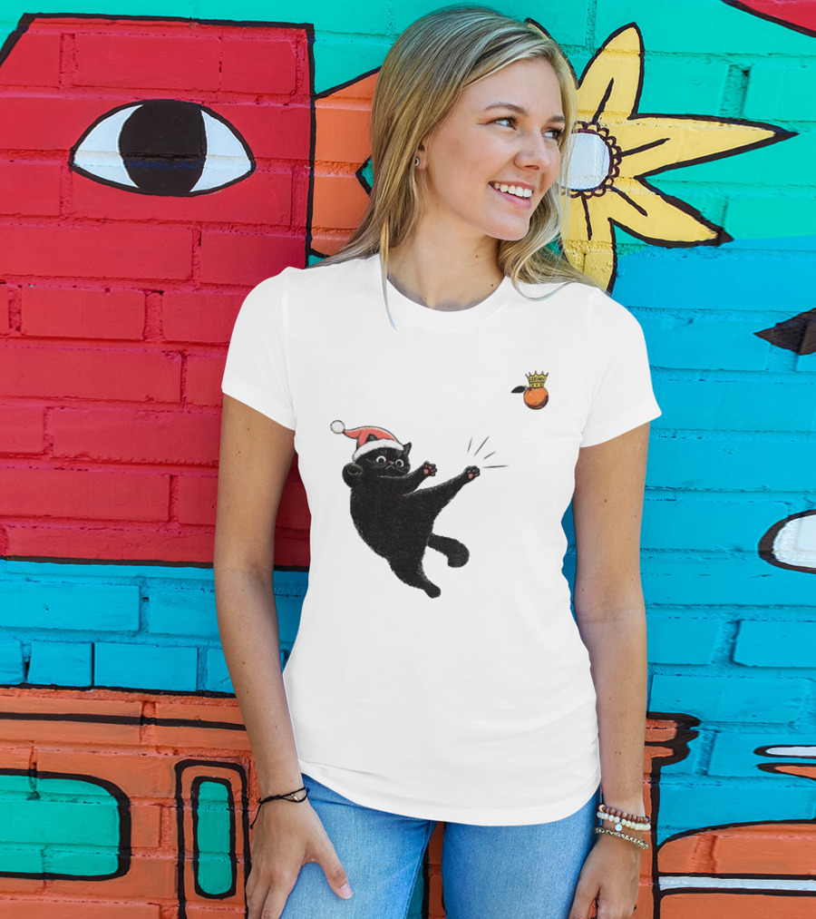 Black Cat Santa Hat Kicking Crowned Orange No Kings Christmas Anti-Trump T-Shirt