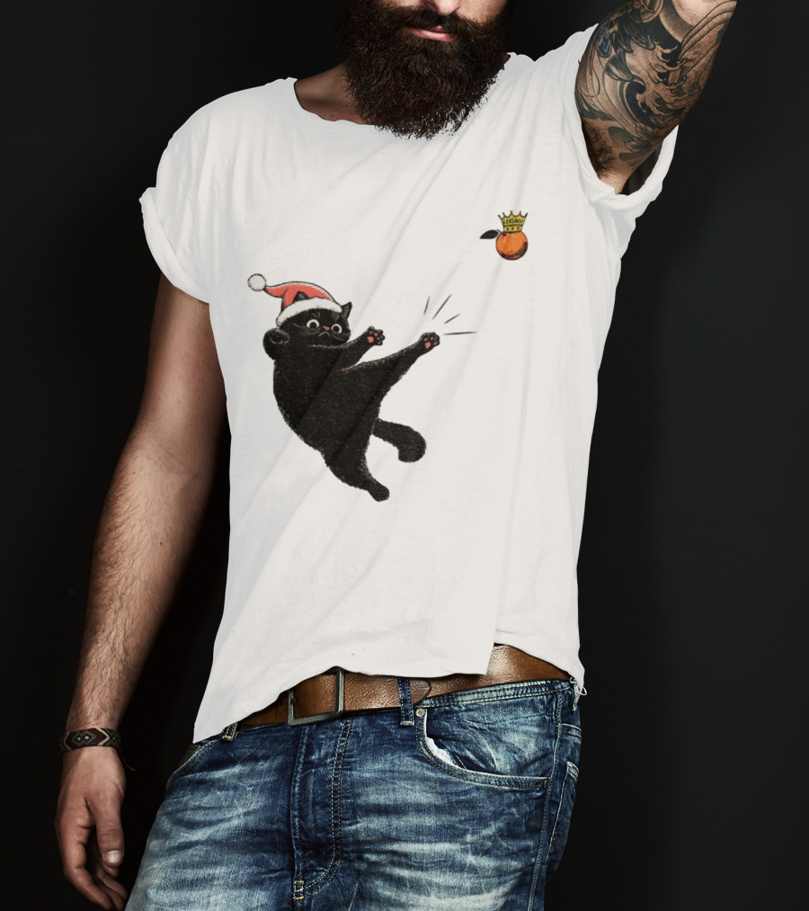 Black Cat Santa Hat Kicking Crowned Orange No Kings Christmas Anti-Trump T-Shirt