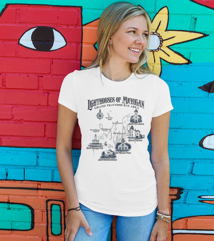 Lighthouses Of Michigan Grand Traverse Bay Area White Shoal South Fox Island Old Mission Grand Traverse South Manitou Northport T-Shirt