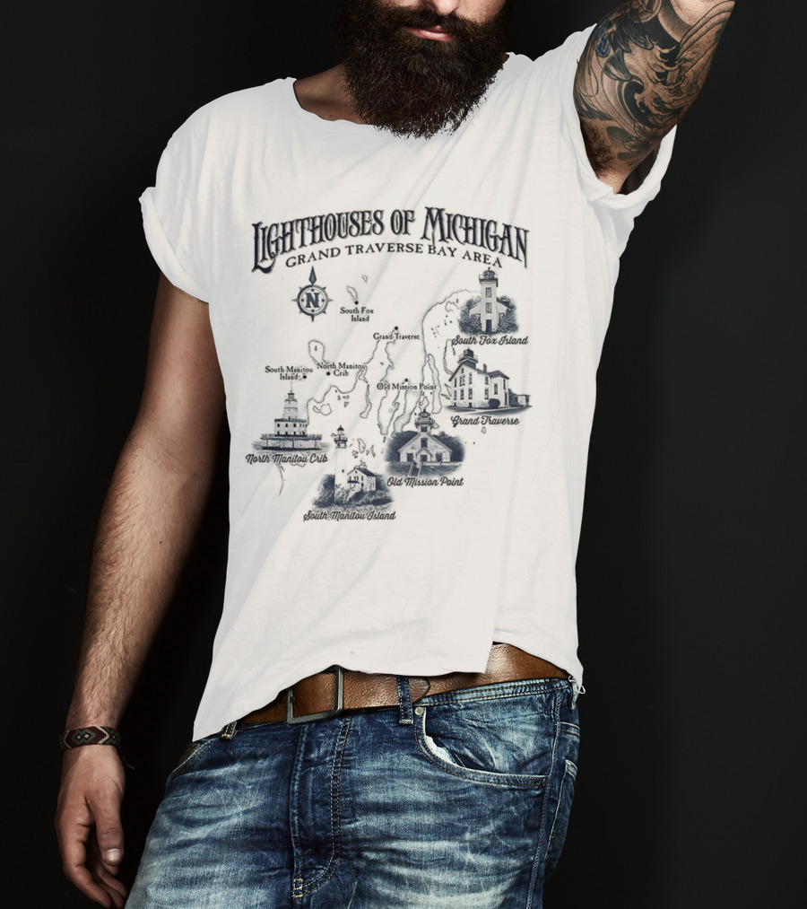 Lighthouses Of Michigan Grand Traverse Bay Area White Shoal South Fox Island Old Mission Grand Traverse South Manitou Northport T-Shirt