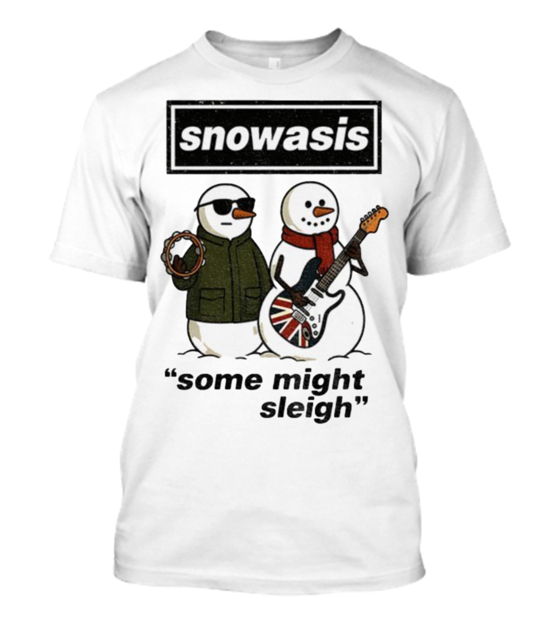 Snowasis Some Might Sleigh Christmas Snowmen With Guitars And Tambourine T-Shirt