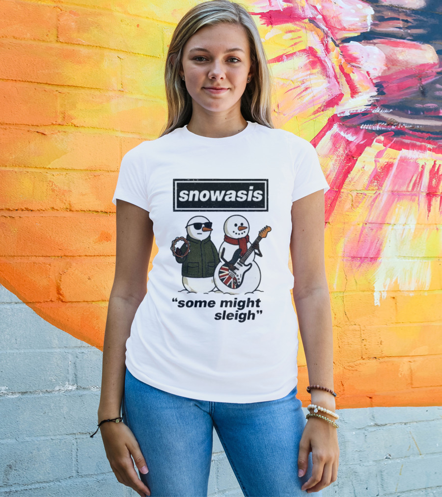 Snowasis Some Might Sleigh Christmas Snowmen With Guitars And Tambourine T-Shirt