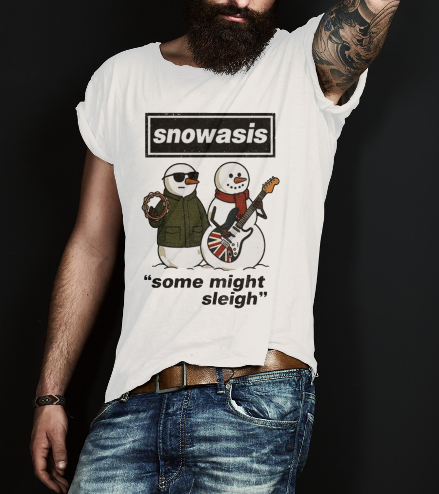 Snowasis Some Might Sleigh Christmas Snowmen With Guitars And Tambourine T-Shirt