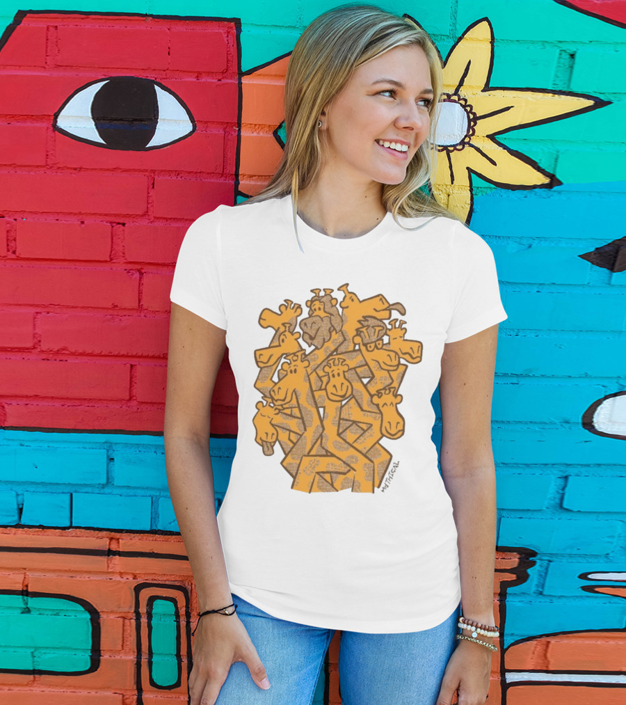 Mythical Gentle Giants Giraffe Cartoon Ensemble T-Shirt