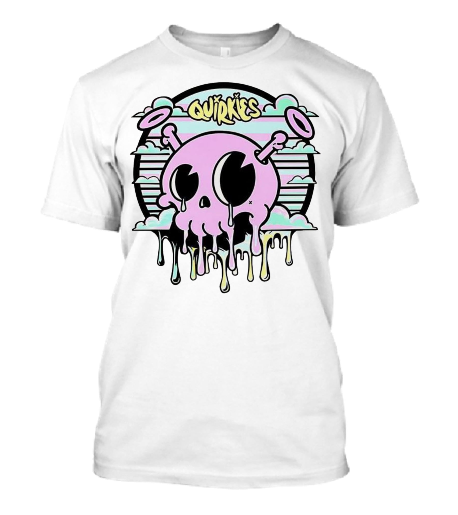 Quirkies Melting Skull With Two Crossbones Vintage Pastel Clouds T-Shirt