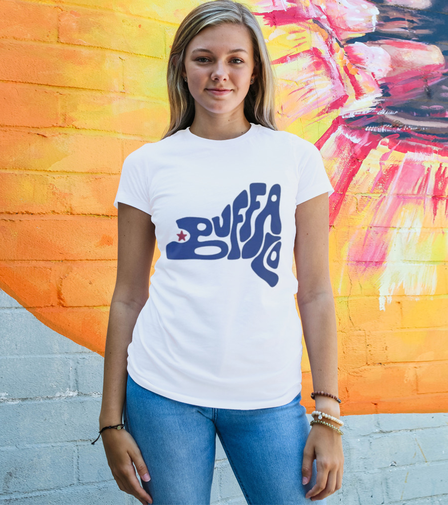 Funky Buffalo Retro Psychedelic Typography With Red Star T-Shirt