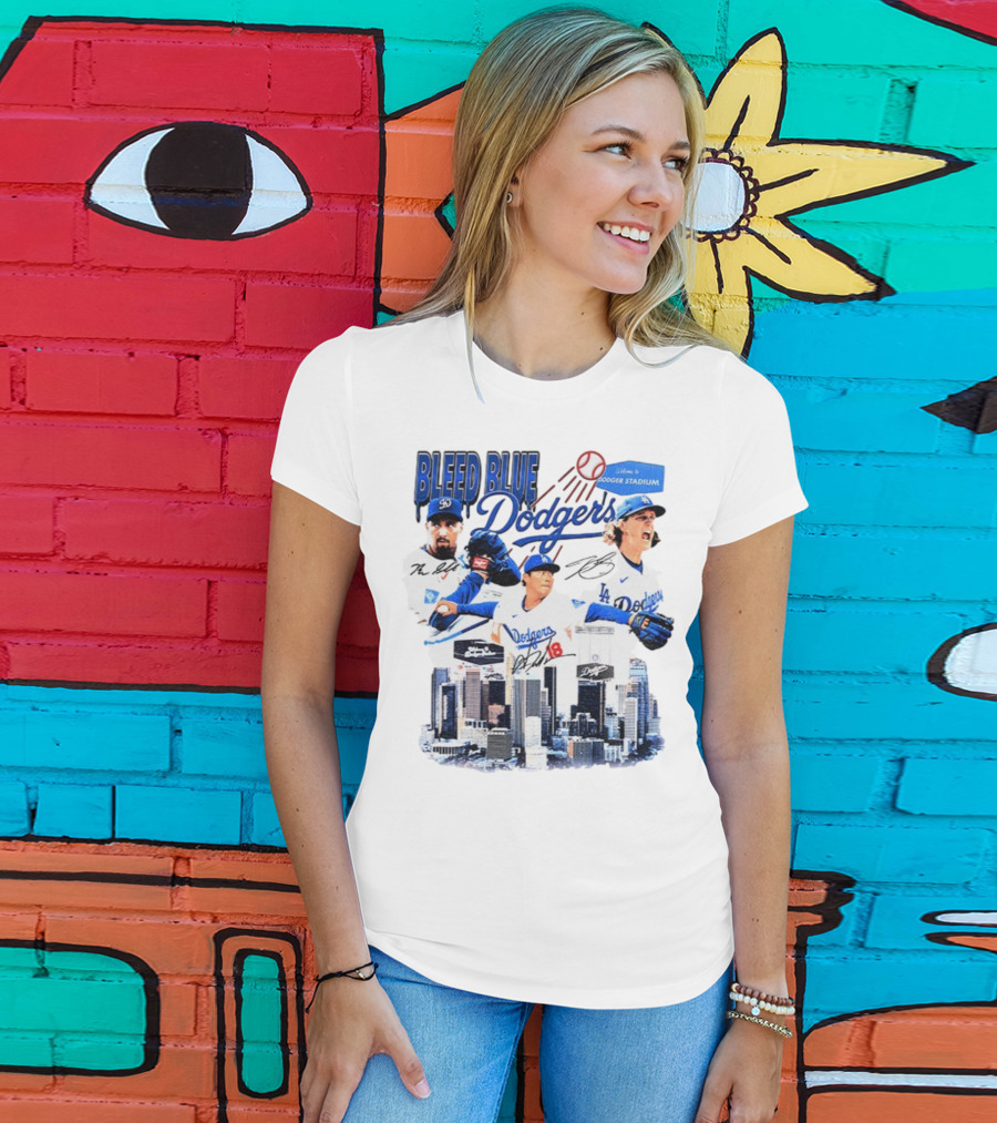 Bleed Blue Dodgers Shohei Ohtani Mookie Betts Yoshinobu Yamamoto Los Angeles Signatures Dodger Stadium T-Shirt