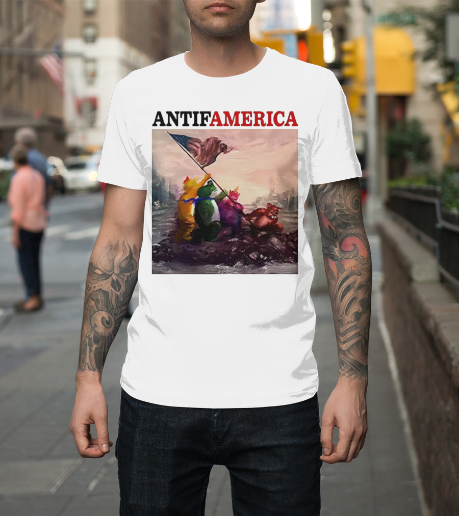 Antifamerica Portland Frog Parody Of Iconic Historical Scene With Bold Characters And Flag T-Shirt