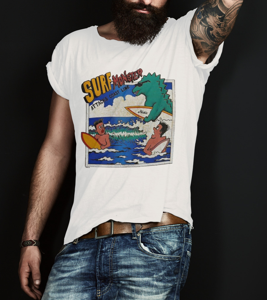 Surf Monster Attacks Coast Line Retro Comic Style Surfing Scene T-Shirt