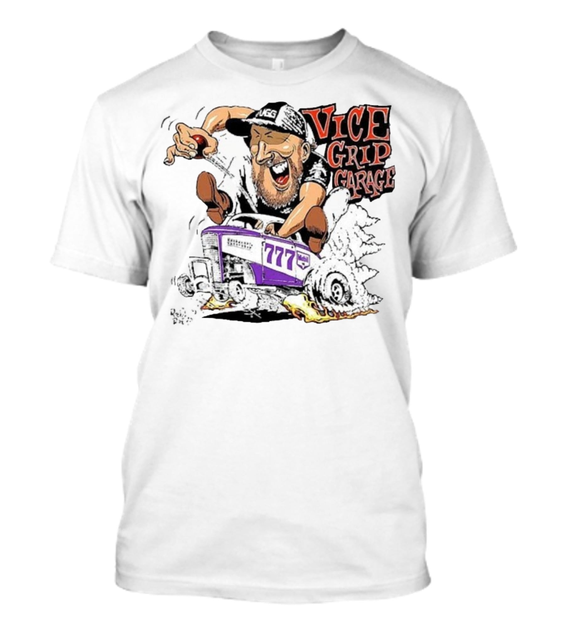 Vice Grip Garage 777 Cartoon Hot Rod Illustration With Bearded Driver And Smoking Tires T-Shirt