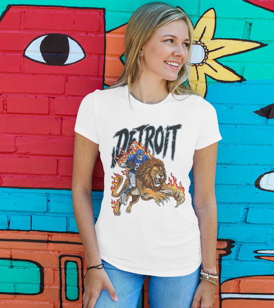 Detroit Lions Vintage Skeleton Riding Flaming Lion Football Game Day T-Shirt