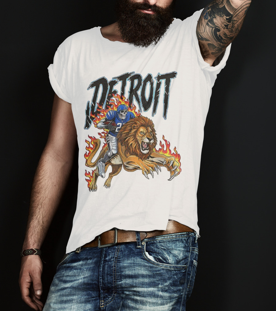 Detroit Lions Vintage Skeleton Riding Flaming Lion Football Game Day T-Shirt