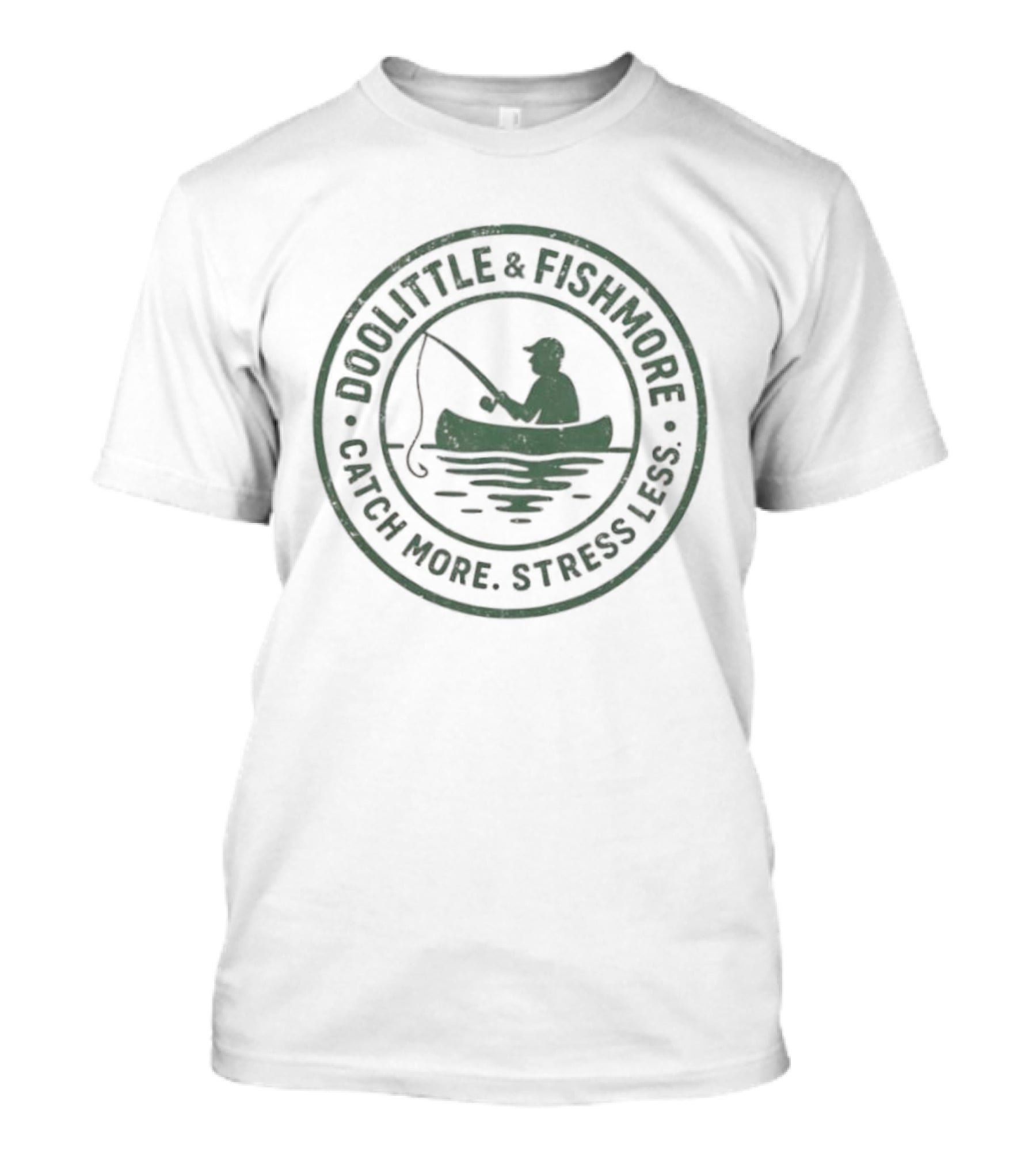 DOOLITTLE & FISHMORE CATCH MORE STRESS LESS Fishing Canoe Badge T-Shirt