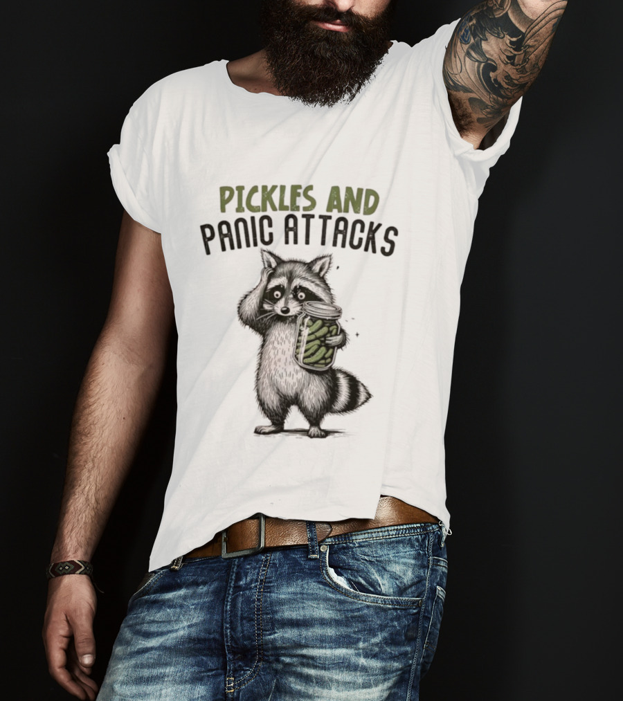 Pickles And Panic Attacks Raccoon Holding Jar Retro Mental Health Awareness T-Shirt