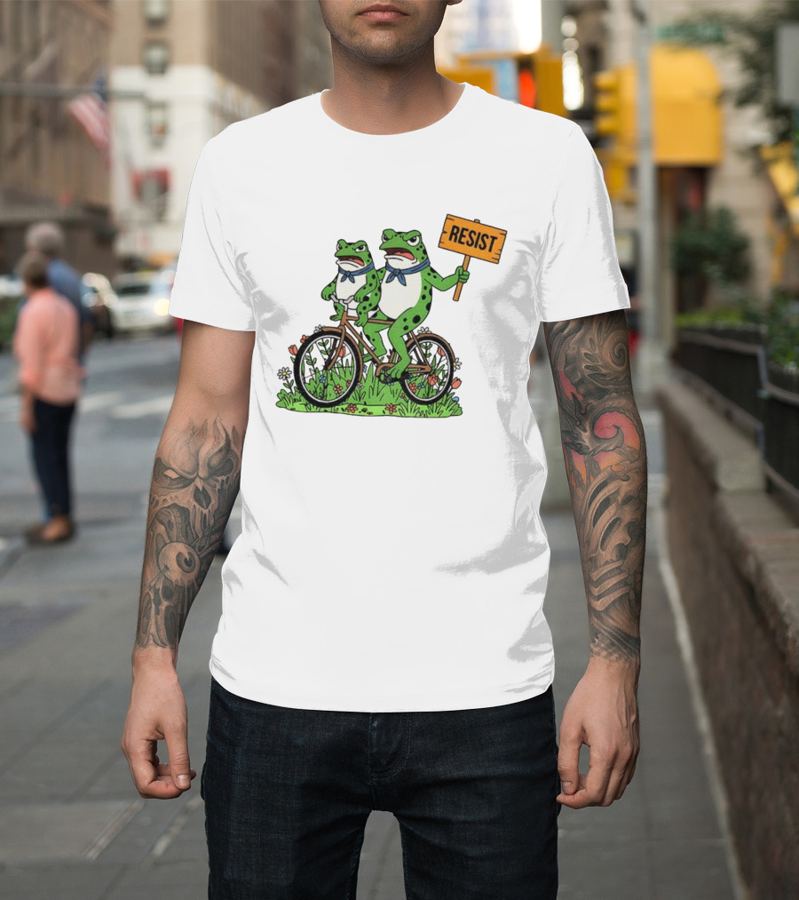 Frog On Bike Resist Protest Sign Portland Garden Scene T-Shirt