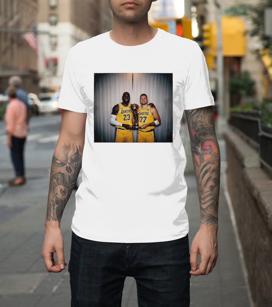 Los Angeles Lakers LeBron James Luka Dončić Holding Trophy June 2026 T-Shirt