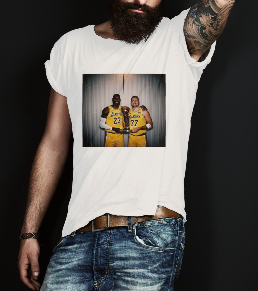 Los Angeles Lakers LeBron James Luka Dončić Holding Trophy June 2026 T-Shirt