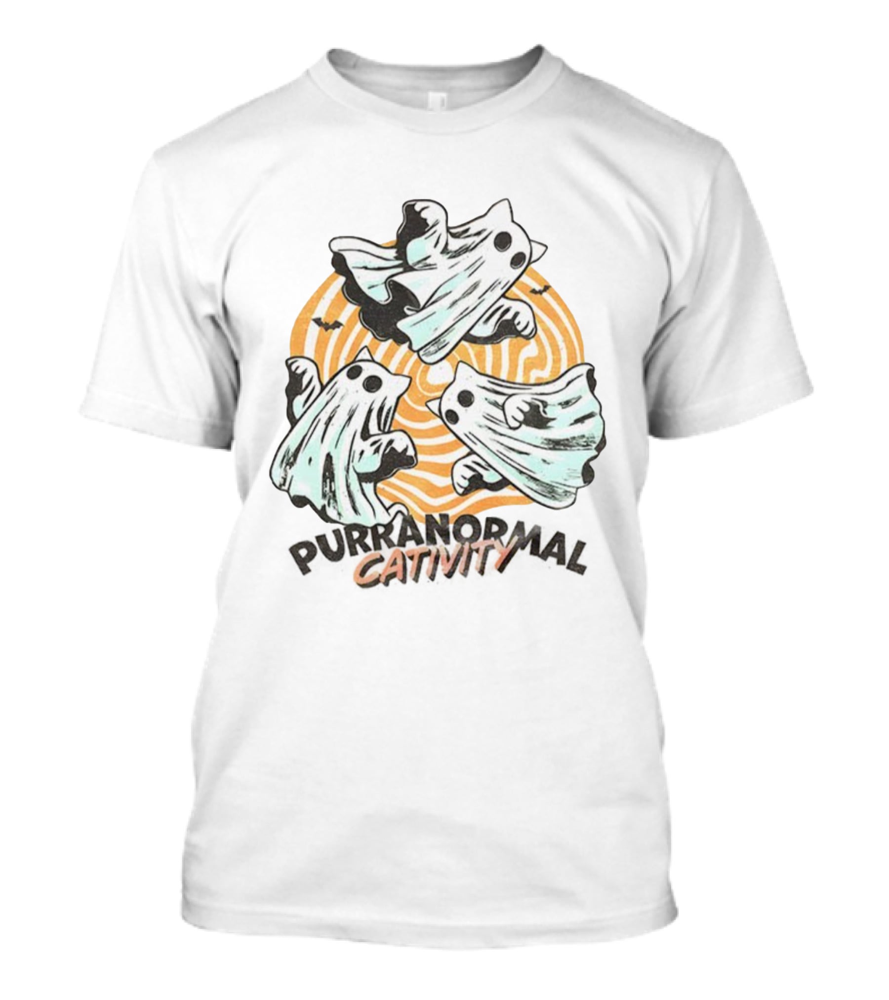 Purranormal Cativity Ghost Cat Halloween Bats Swirl Maze T-Shirt