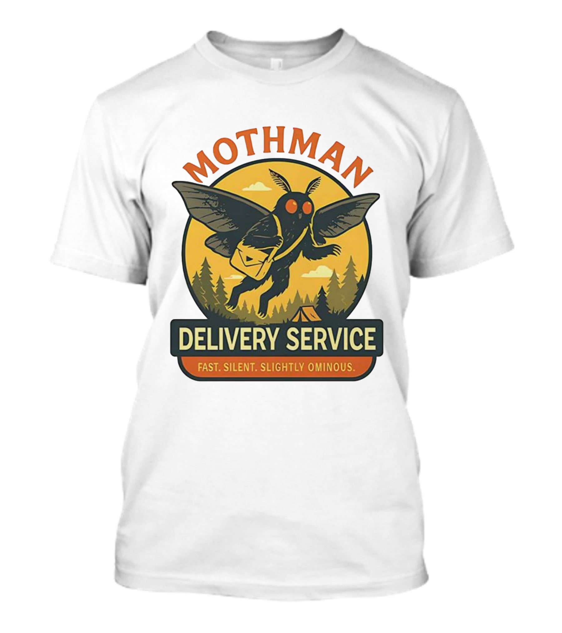 Mothman Delivery Service Fast Silent Slightly Ominous Retro Forest Imagery T-Shirt