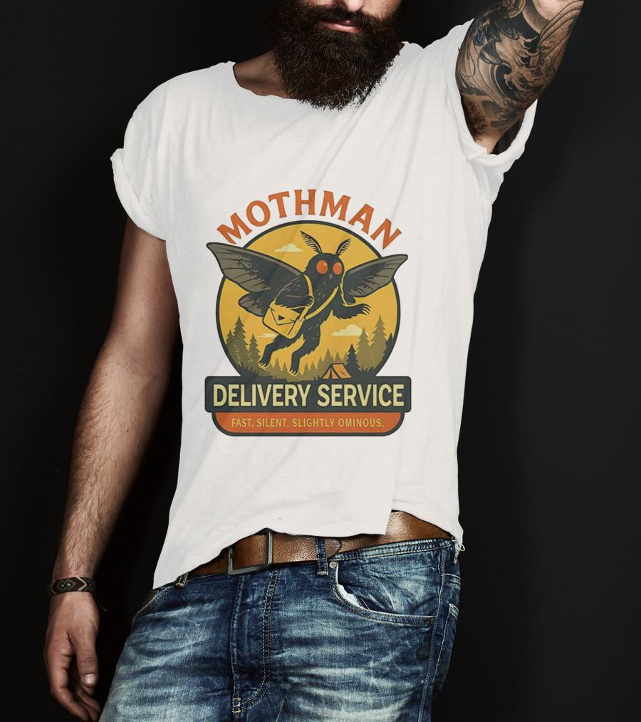 Mothman Delivery Service Fast Silent Slightly Ominous Retro Forest Imagery T-Shirt