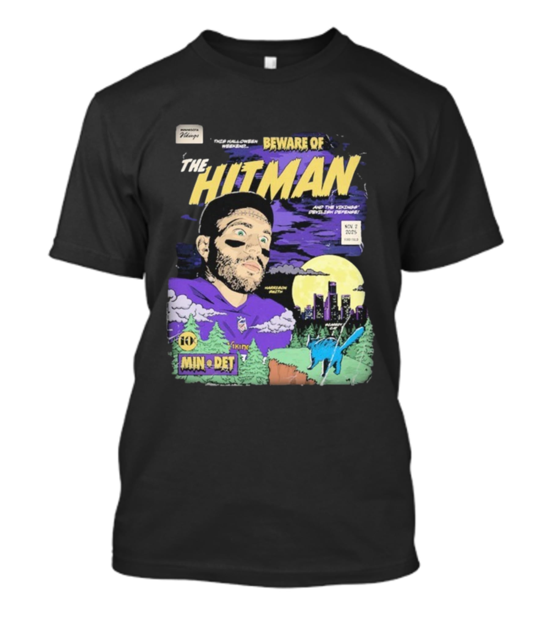 Minnesota Vikings Vs Detroit Lions Beware Of The Hitman NFL November 2 2025 Halloween Matchup Harrison Smith Vikings Defense Ford Field T-Shirt