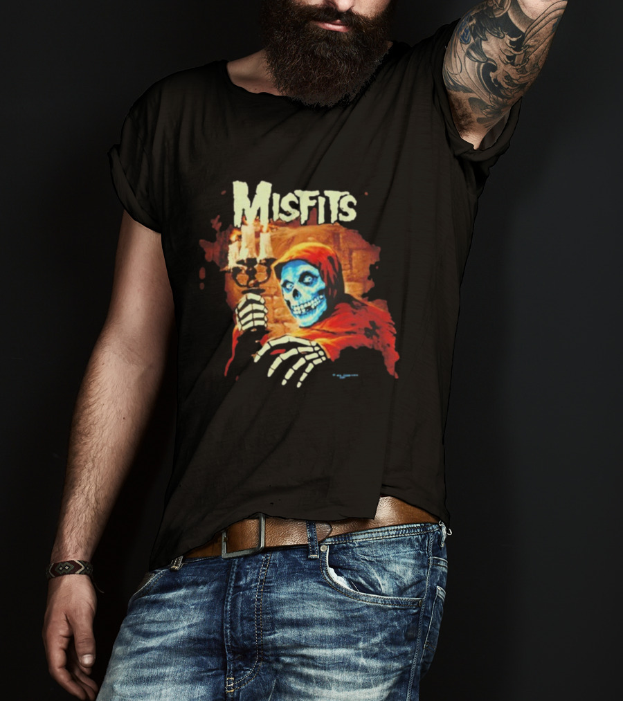 Misfits Candle Holding Skeleton In Red Hood T-Shirt